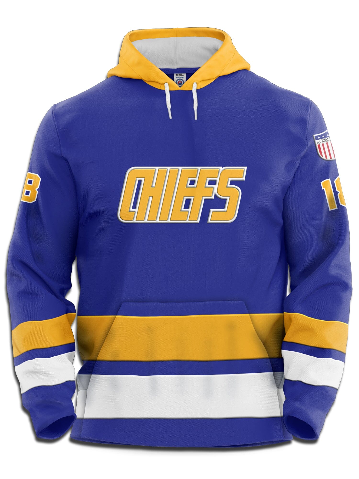 Slapshot Charlestown Chiefs Hanson #18 Blue Hockey Hoodie – Bench