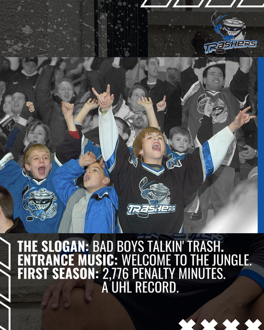 The slogan: Bad Boys Talkin' Trash. Entrance music: Welcome to the Jungle. First season: 2,776 penalty minutes — a UHL record — photo 6 of 10