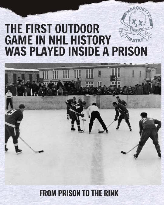 Red Wings players face off against the Marquette Prison Pirates on the outdoor rink inside Marquette Branch Prison — the first outdoor game in NHL history — photo 1 of 6