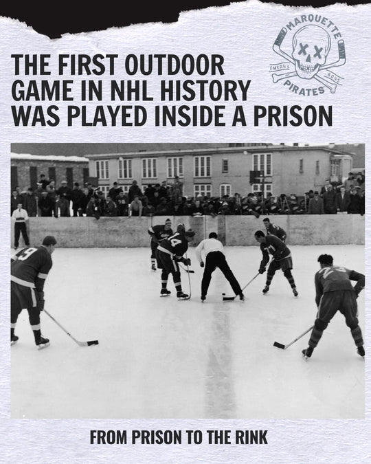 Red Wings players face off against the Marquette Prison Pirates on the outdoor rink inside Marquette Branch Prison — the first outdoor game in NHL history — photo 1 of 6