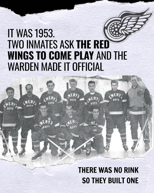 1953: two inmates asked the Red Wings to come play and the warden made it official — there was no rink, so they built one — photo 3 of 6