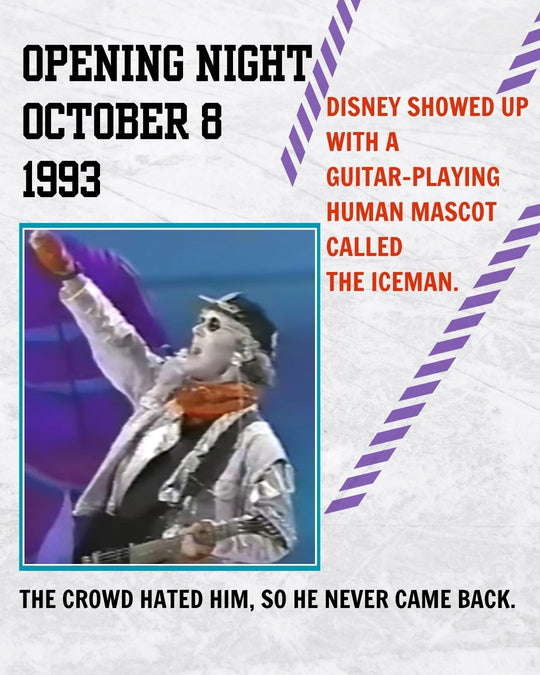 Mighty Ducks story slide 5: opening night October 8 1993 - Disney showed up with a guitar-playing human mascot called The Iceman; the crowd hated him and he never came back. — photo 5 of 12