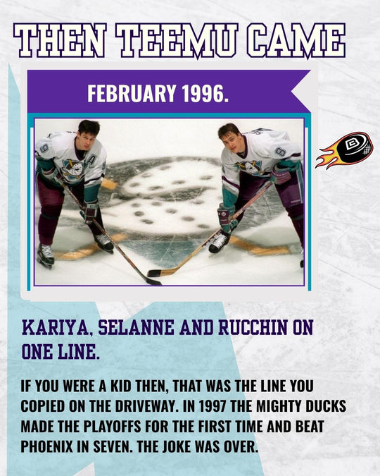 Mighty Ducks story slide 7: then Teemu came, February 1996 - Kariya, Selanne and Rucchin on one line, and in 1997 the Mighty Ducks made the playoffs for the first time. — photo 7 of 12
