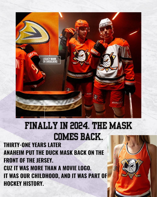 Mighty Ducks story slide 12: finally in 2024 the mask comes back - thirty-one years later Anaheim put the duck mask back on the front of the jersey. — photo 12 of 12