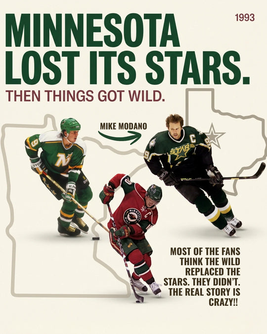 Minnesota lost its Stars. Then things got wild: Mike Modano in Minnesota North Stars and Dallas Stars jerseys beside a Minnesota Wild player — photo 1 of 13