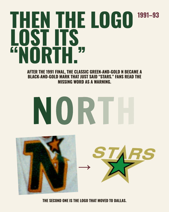 Then the logo lost its North: the North Stars' green and gold N became the Stars mark that moved to Dallas — photo 5 of 13