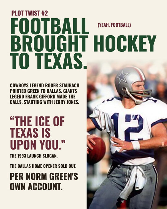 Plot twist 2: football brought hockey to Texas, with Roger Staubach and Frank Gifford pointing Norm Green to Dallas. The ice of Texas is upon you — photo 9 of 13