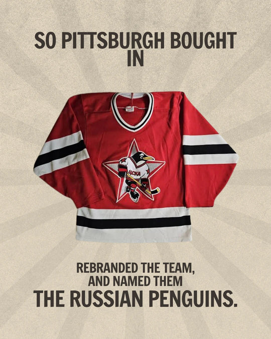 Russian Penguins story slide 5: the red CSKA jersey - Pittsburgh bought in, rebranded the club and named them the Russian Penguins. — photo 5 of 11