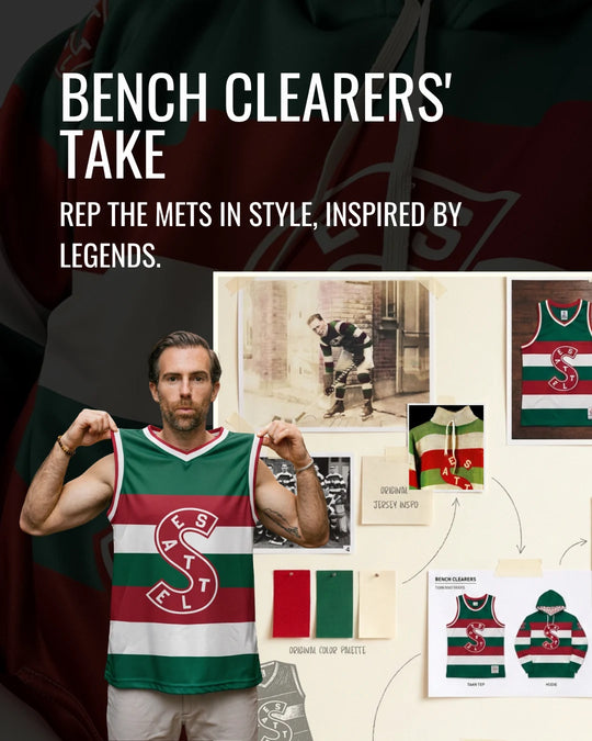 Bench Clearers' take — rep the Mets in style, inspired by legends: the Metropolitans tank and hoodie beside the original jersey inspiration and color palette — photo 11 of 11