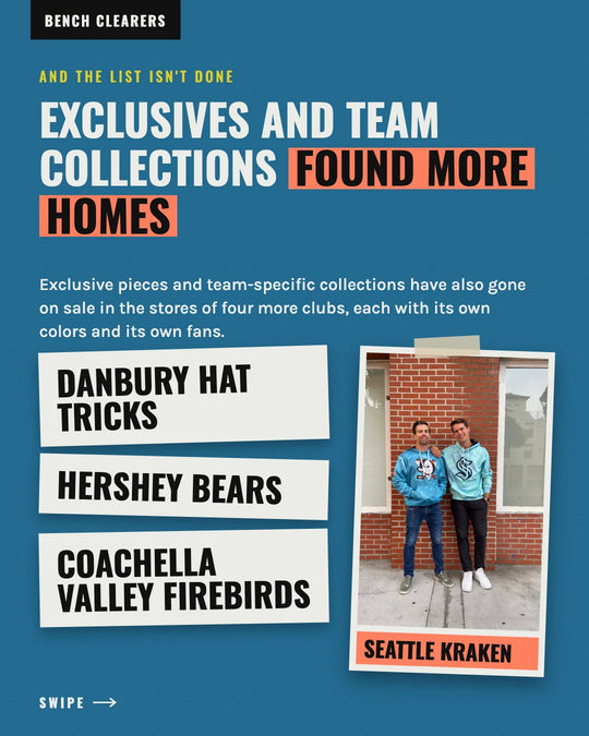 More Bench Clearers team stores: Danbury Hat Tricks, Hershey Bears, Coachella Valley Firebirds, Seattle Kraken — photo 6 of 7