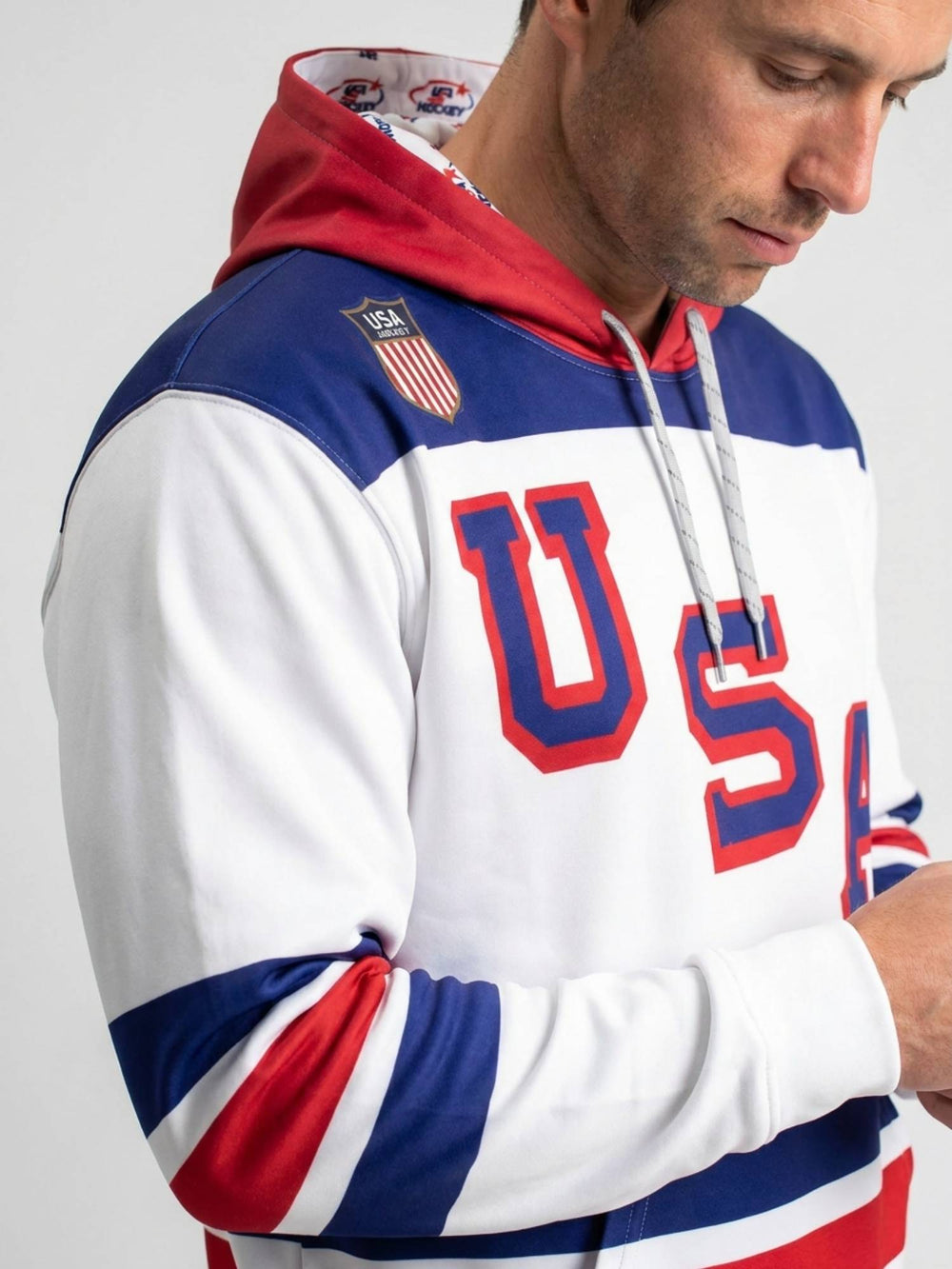 USA Hockey Nations 2026 Away Hockey Hoodie - MODEL SIDE | BenchClearers Hockey Apparel