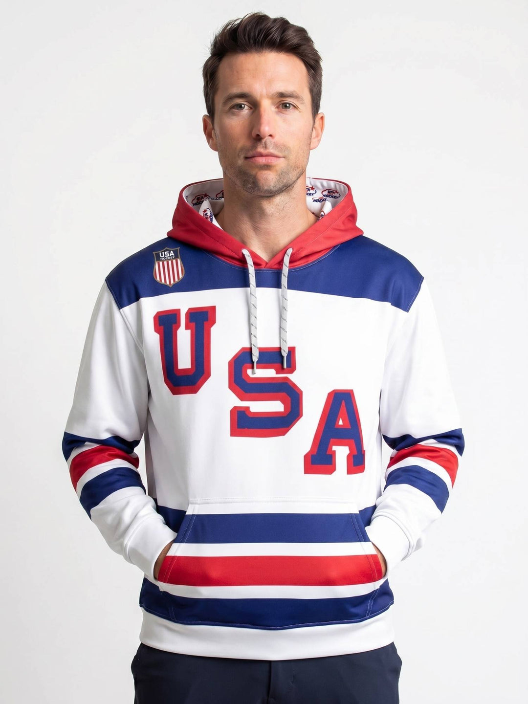 USA Hockey Nations 2026 Away Hockey Hoodie - MODEL FRONT | BenchClearers Hockey Apparel