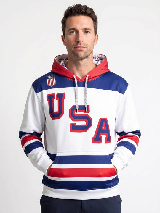 USA Hockey Nations 2026 Away Hockey Hoodie - MODEL FRONT | BenchClearers Hockey Apparel