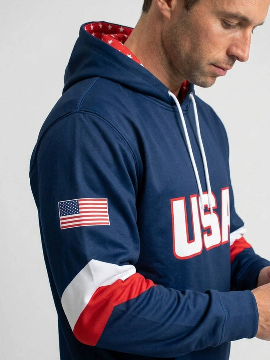 USA Nations 2025 Special Edition Hockey Hoodie - Model Side View | Official Hockey Hockey Hoodie by BenchClearers