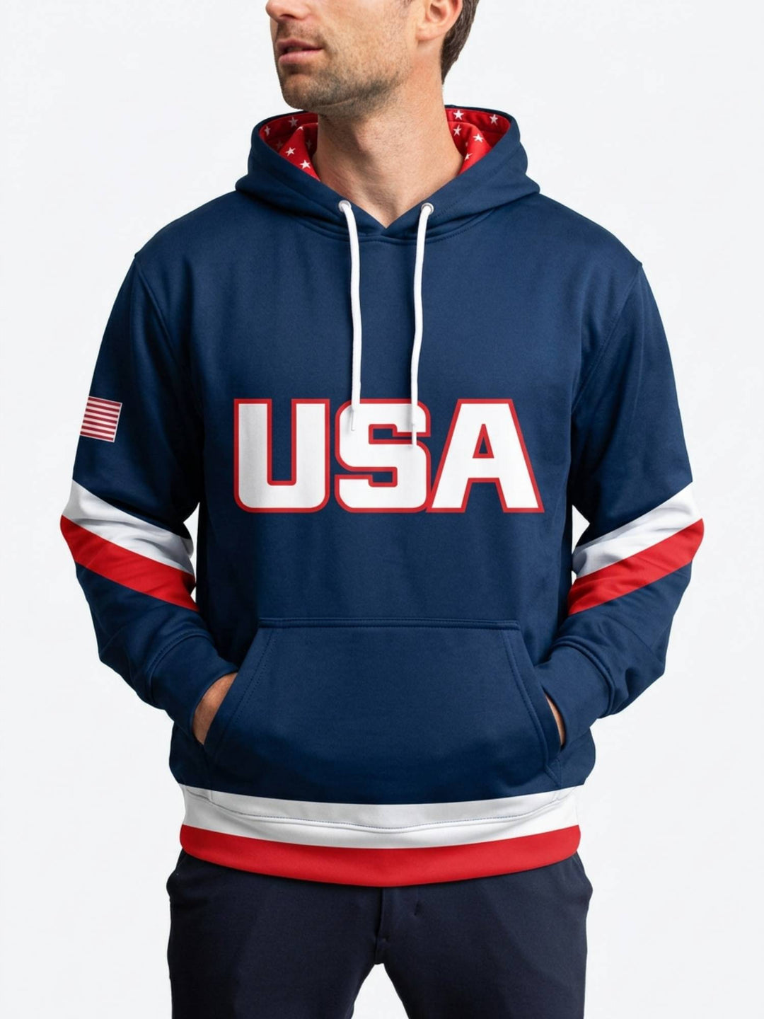 USA Nations 2025 Special Edition Hockey Hoodie - Model Front View | Official Hockey Hockey Hoodie by BenchClearers