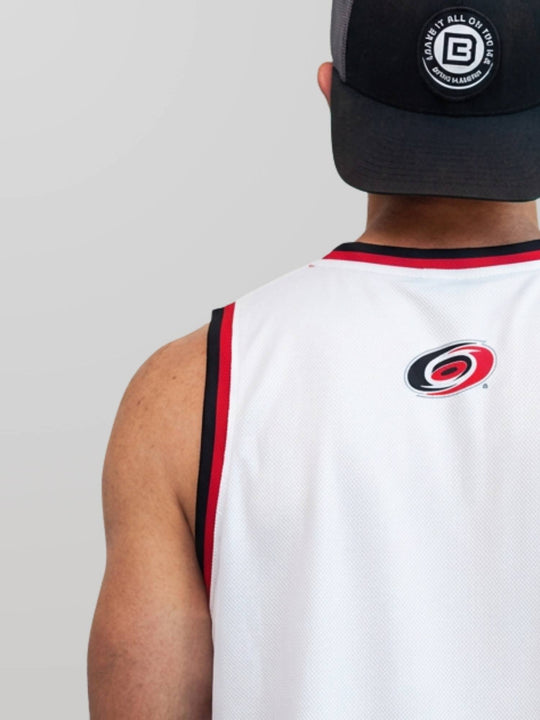 Bench Clearers Carolina Hurricanes 2026 Away Hockey Tank - MODEL BACK CLOSE UP