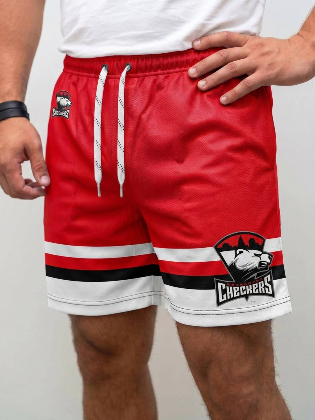  Bench Clearers Charlotte Checkers Hockey Shorts - MODEL FRONT