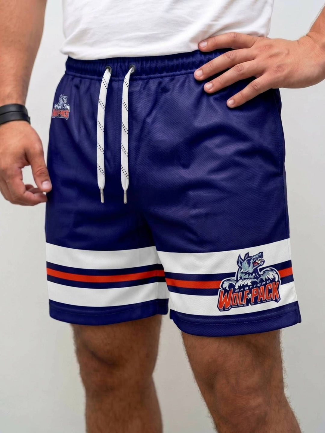 Bench Clearers Hartford Wolf Pack Blue Alternate Hockey Shorts - MODEL FRONT