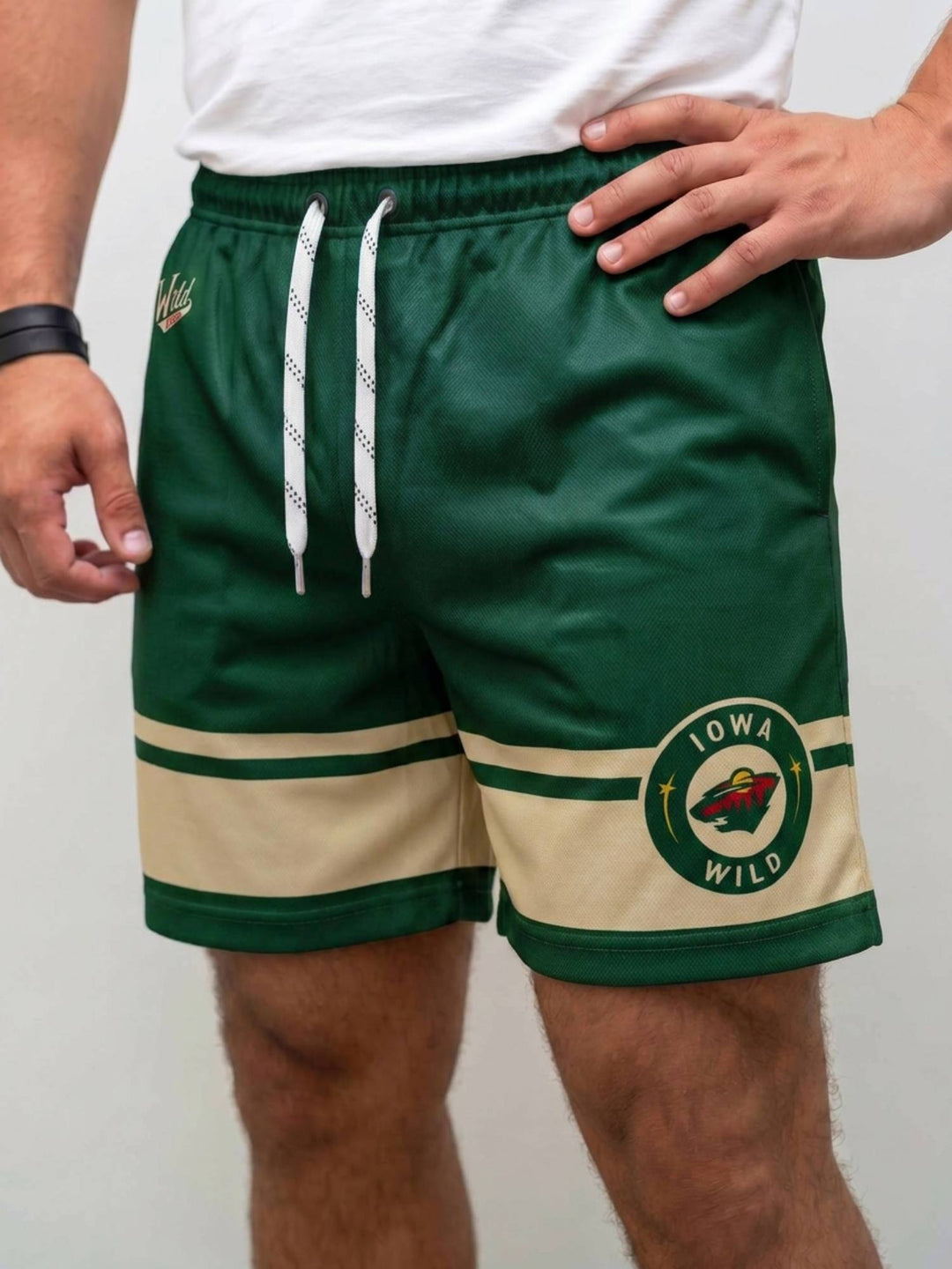  Bench Clearers Iowa Wild Hockey Shorts - MODEL FRONT