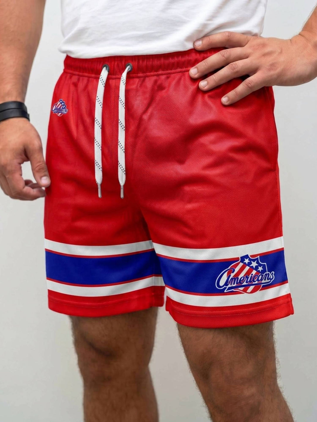  Bench Clearers Rochester Americans Red Alternate Hockey Shorts - MODEL FRONT