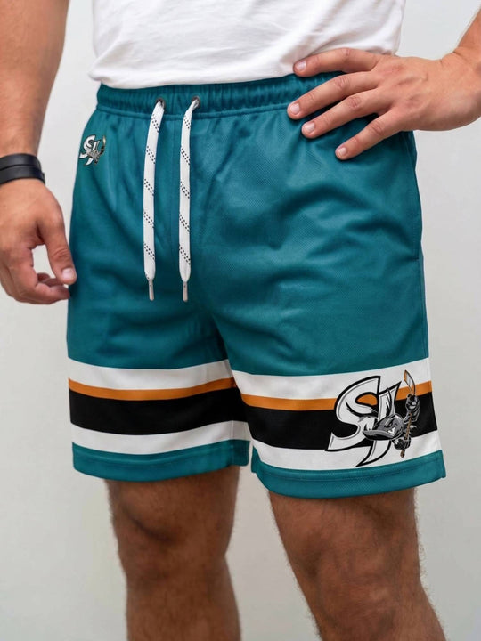  Bench Clearers San Jose Barracuda Teal Alternate Hockey Shorts - MODEL FRONT