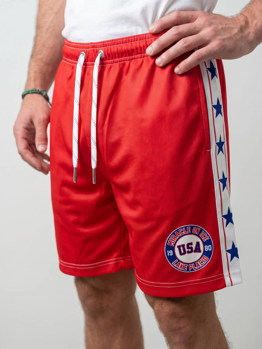 Team USA Miracle on Ice 1980 Red Hockey Shorts - MODEL FRONT | BenchClearers Hockey Apparel
