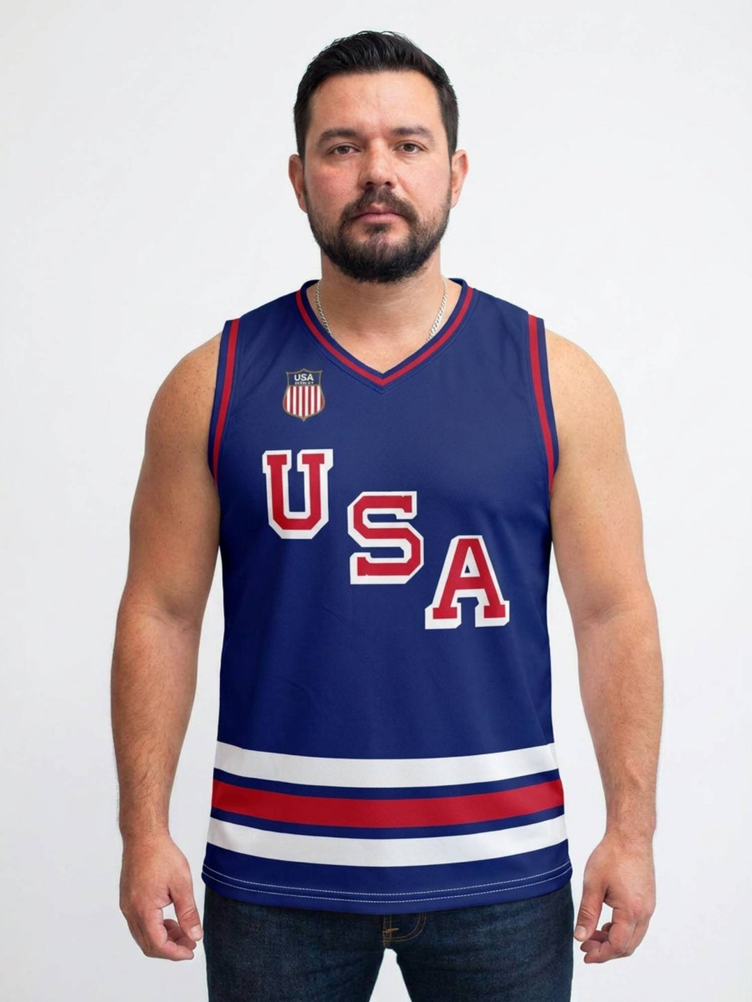 USA Hockey Nations 2026 Navy Hockey Tank - MODEL FRONT | BenchClearers Hockey Apparel