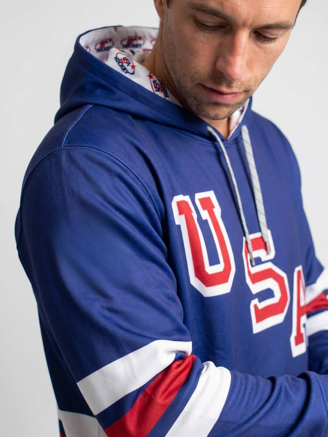 USA Hockey Nations 2026 Navy Hockey Hoodie - MODEL SIDE | BenchClearers Hockey Apparel