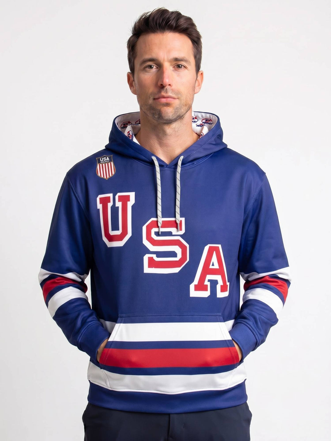 USA Hockey Nations 2026 Navy Hockey Hoodie - MODEL FRONT | BenchClearers Hockey Apparel