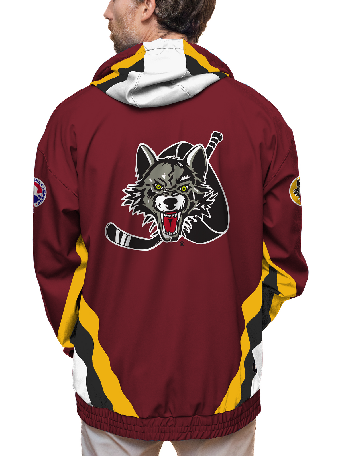 Back of a Chicago Wolves hockey windbreaker
