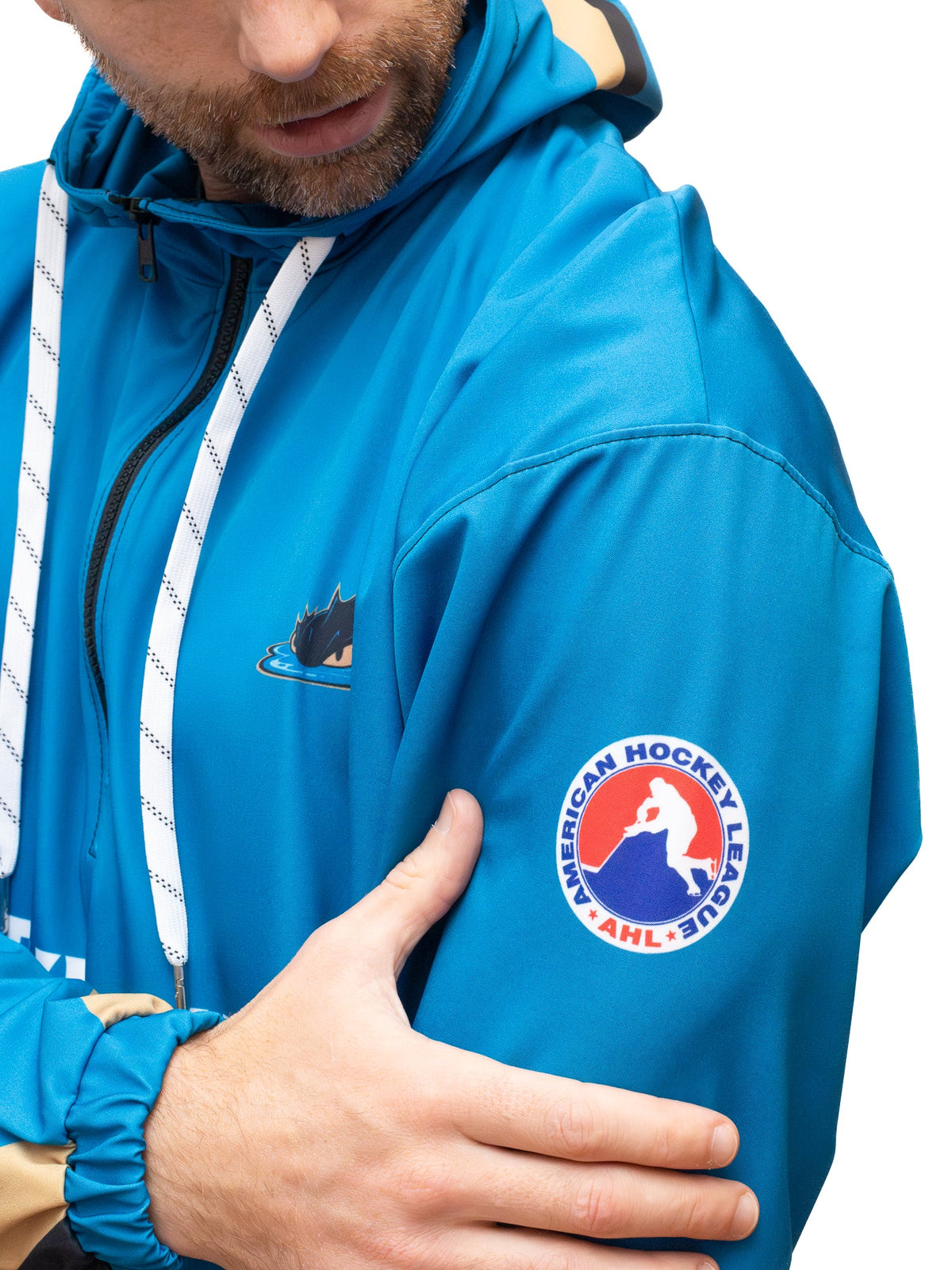 Sleeve patch detail on a hockey windbreaker