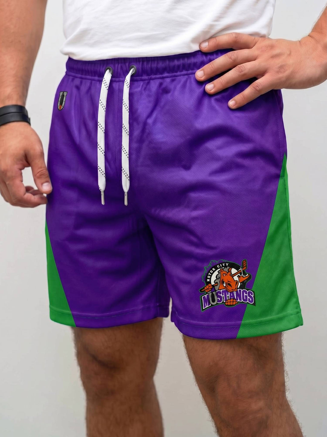  Bench Clearers Motor City Mustangs Hockey Shorts - MODEL FRONT