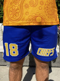 Slapshot Charlestown Chiefs Hanson #18 Hockey Shorts Hockey Shorts BenchClearers S Blue Polyester