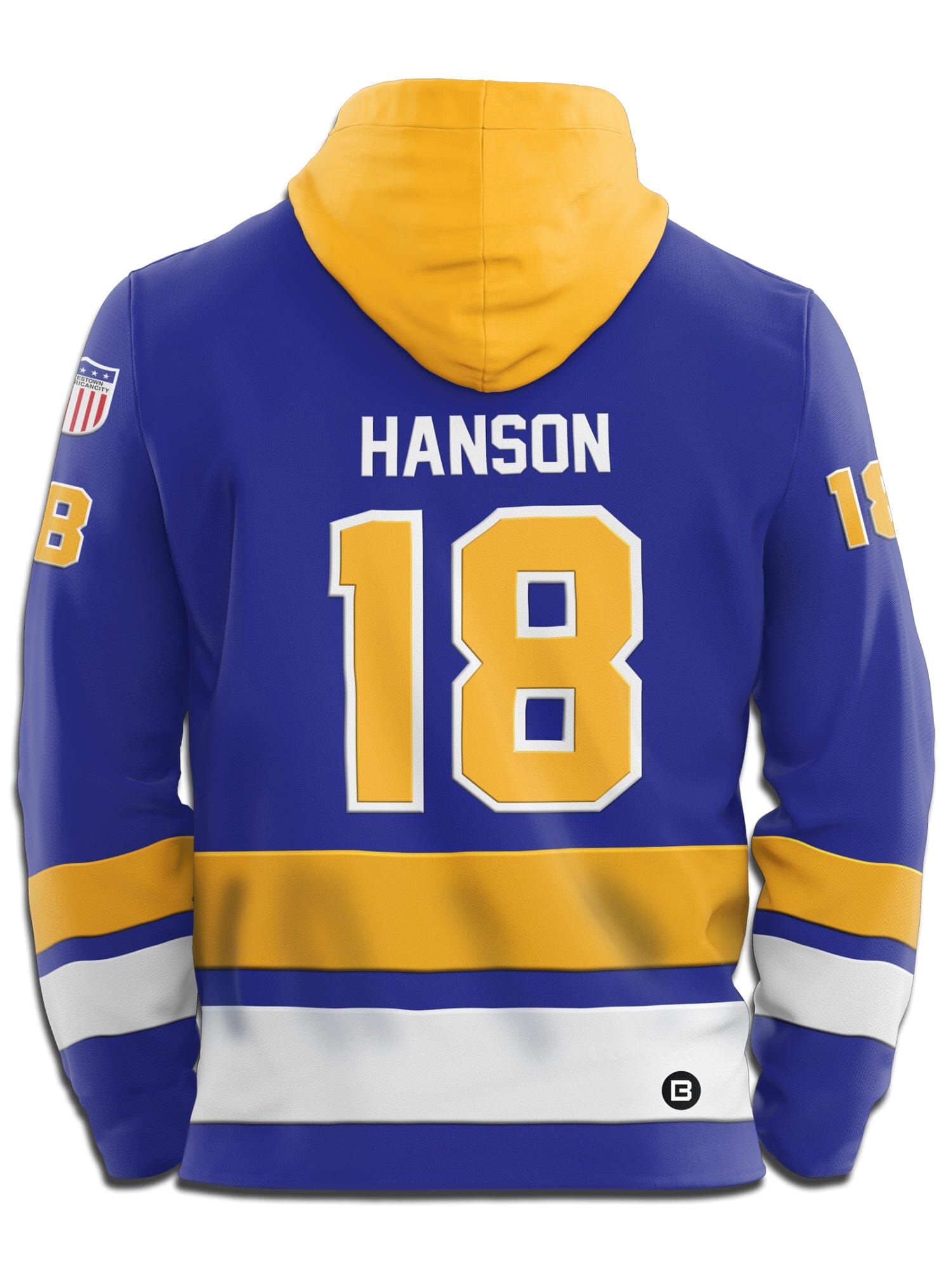 Slapshot Charlestown Chiefs Hanson #18 Blue Hockey Hoodie Hockey Hoodie BenchClearers 