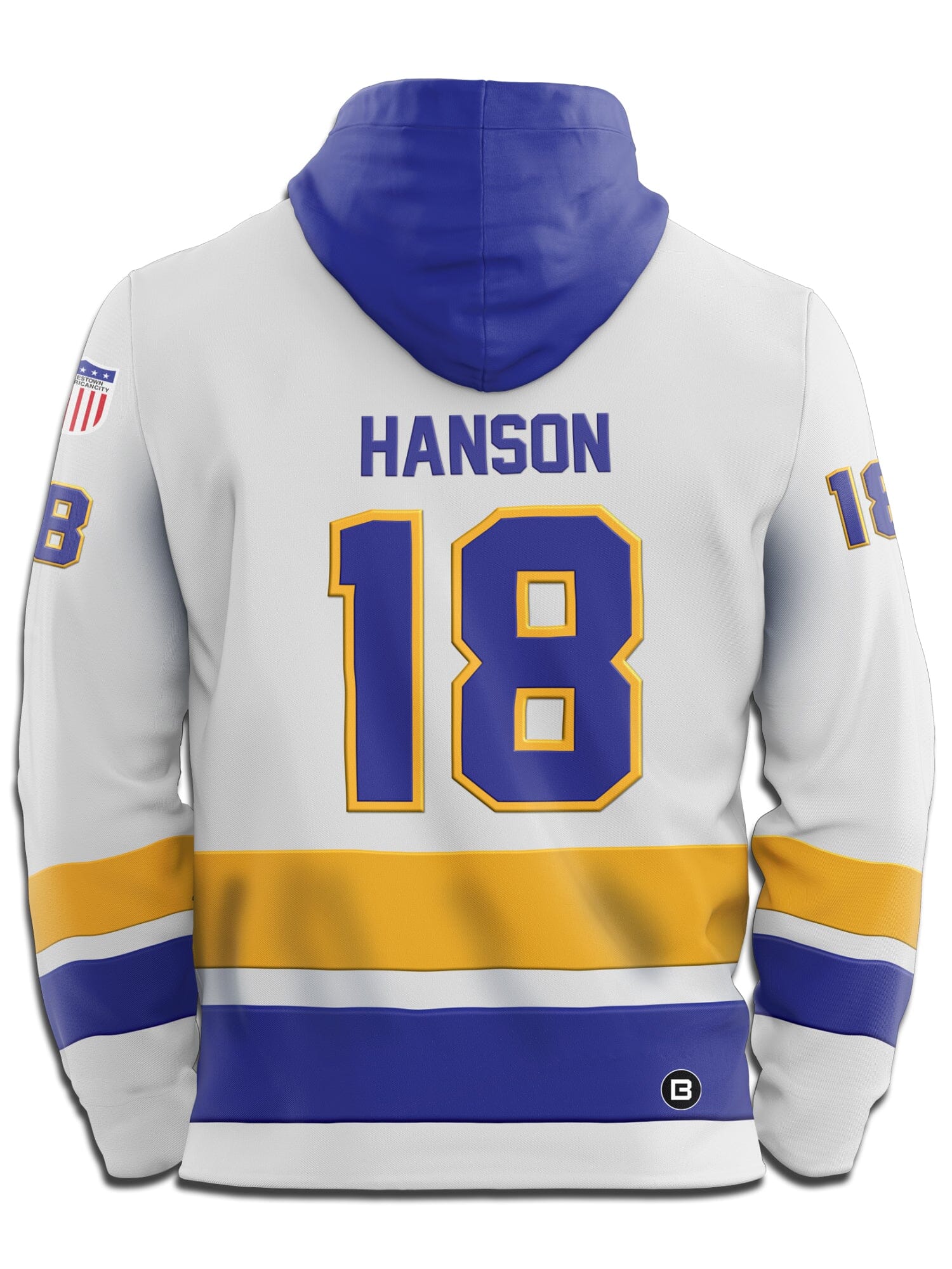 Slapshot Charlestown Chiefs Hanson #18 White Hockey Hoodie Hockey Hoodie BenchClearers 