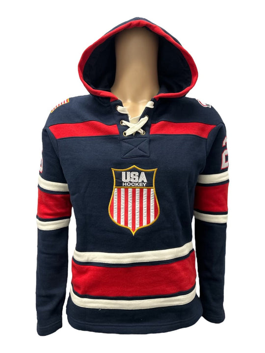 USA Hockey Shield Logo Official Embroidered Navy Lace Hoodie