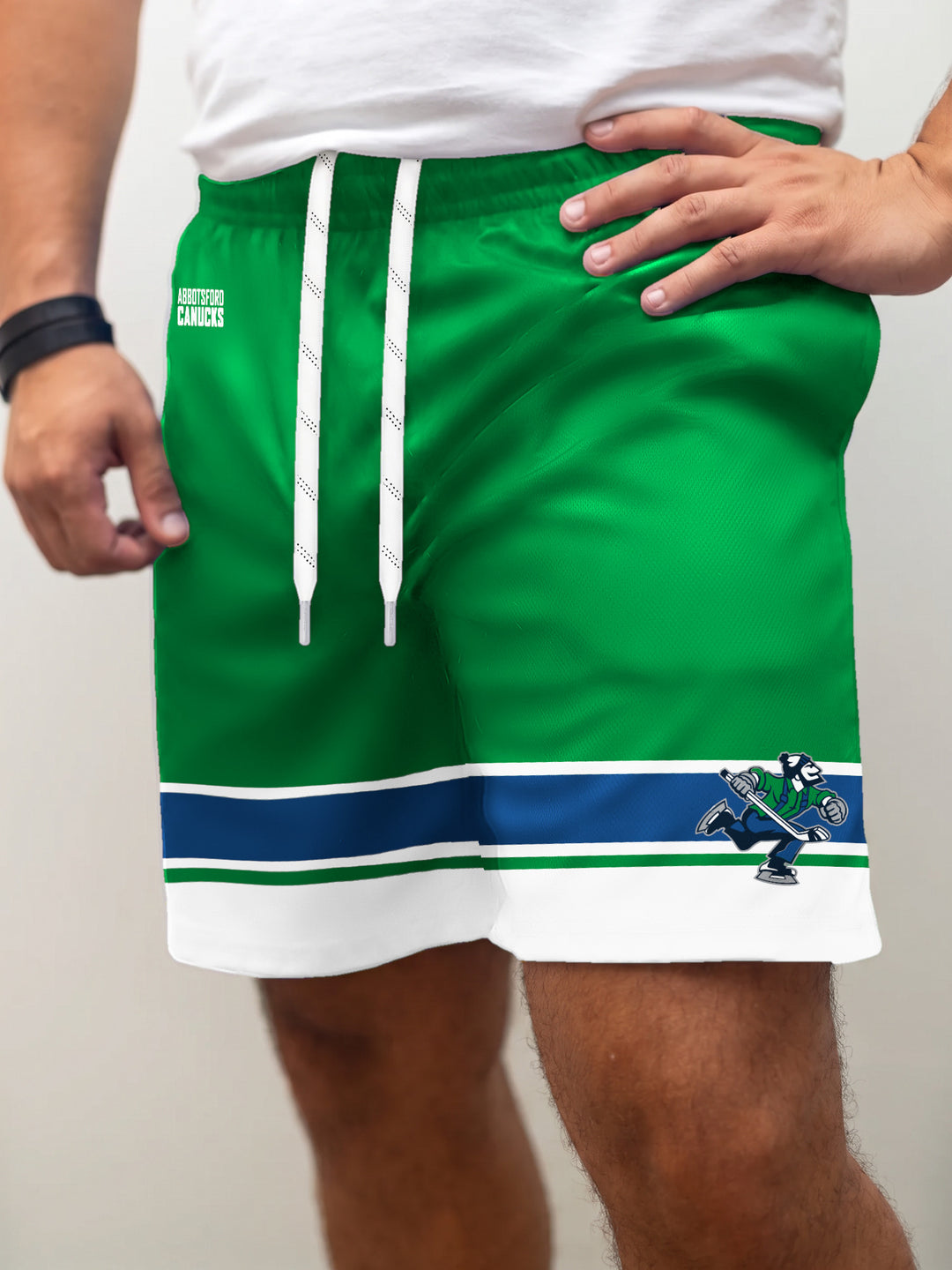 Model wearing the Bench Clearers Abbotsford Canucks Hockey Shorts - front view