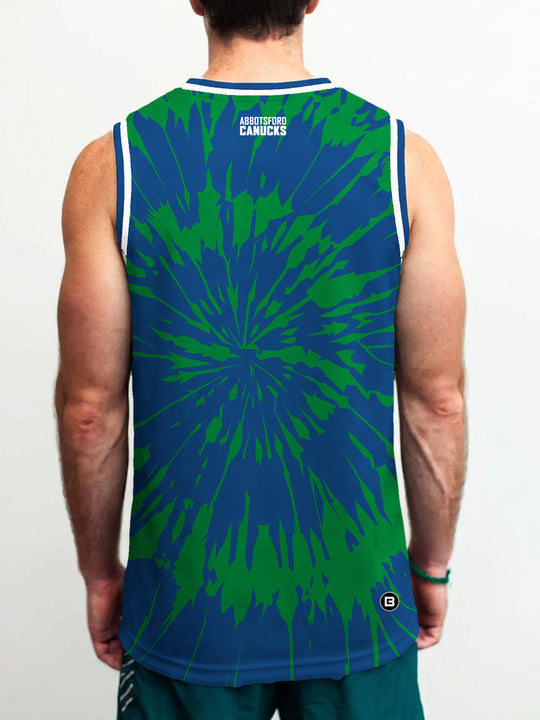 Model wearing the Bench Clearers Abbotsford Canucks Tie-Dye Hockey Tank - back view