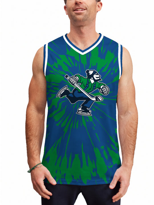Model wearing the Bench Clearers Abbotsford Canucks Tie-Dye Hockey Tank - front view