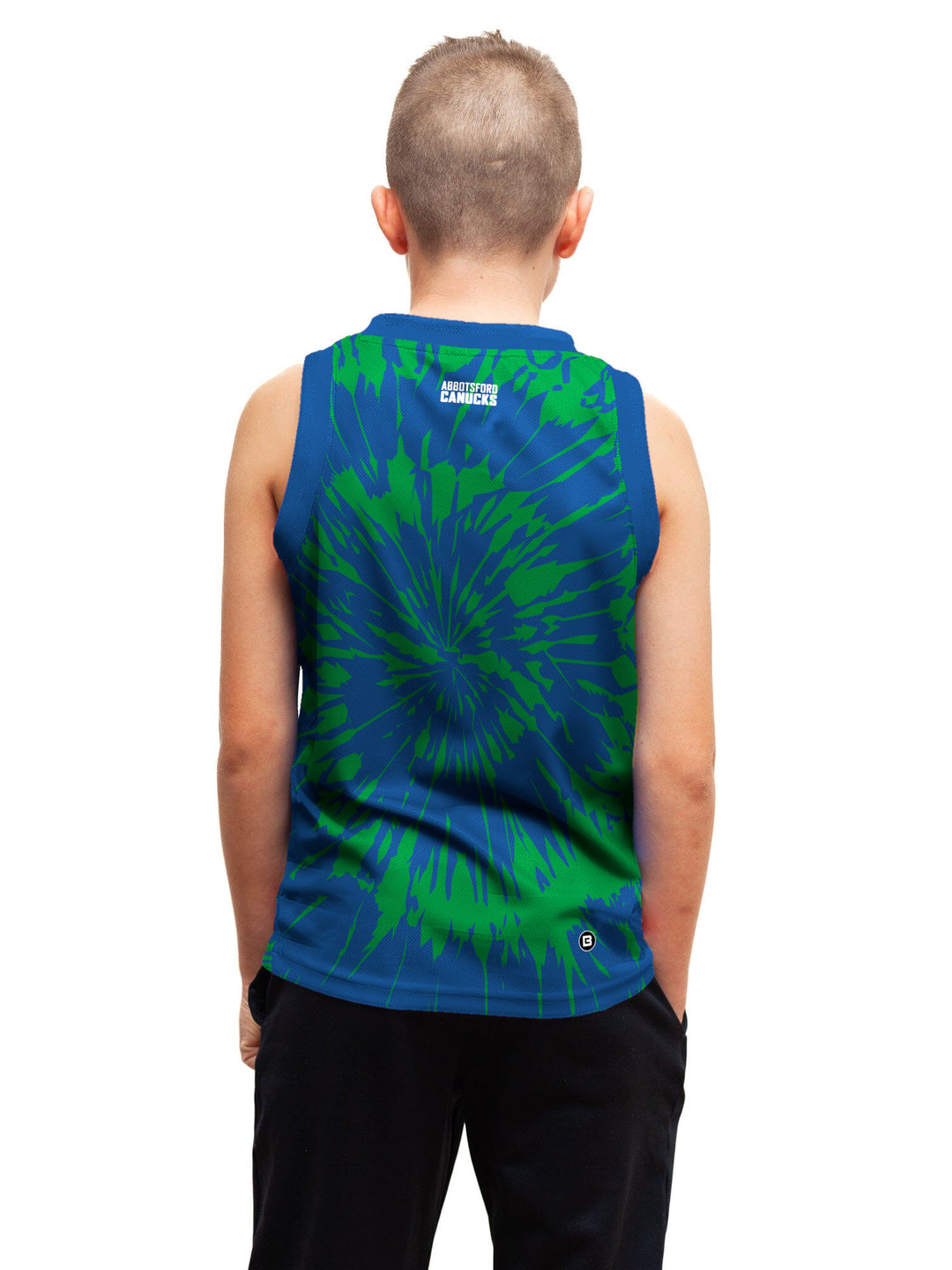 Youth model wearing the Bench Clearers Abbotsford Canucks Tie-Dye Youth Hockey Tank - back view
