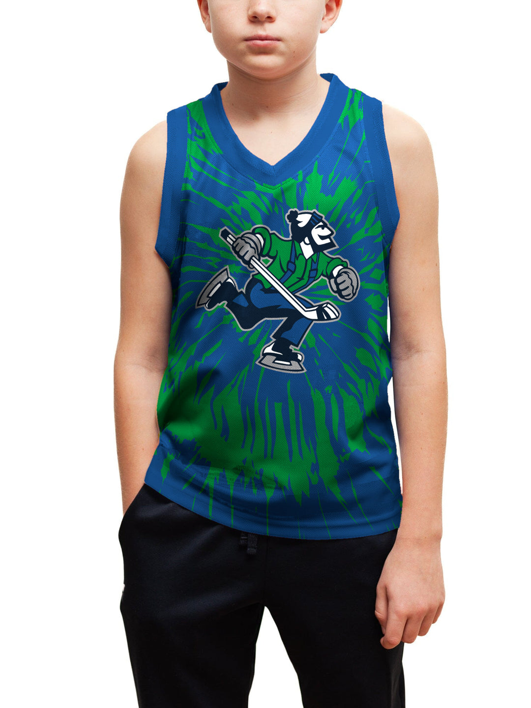 Youth model wearing the Bench Clearers Abbotsford Canucks Tie-Dye Youth Hockey Tank - front view, hand in pocket
