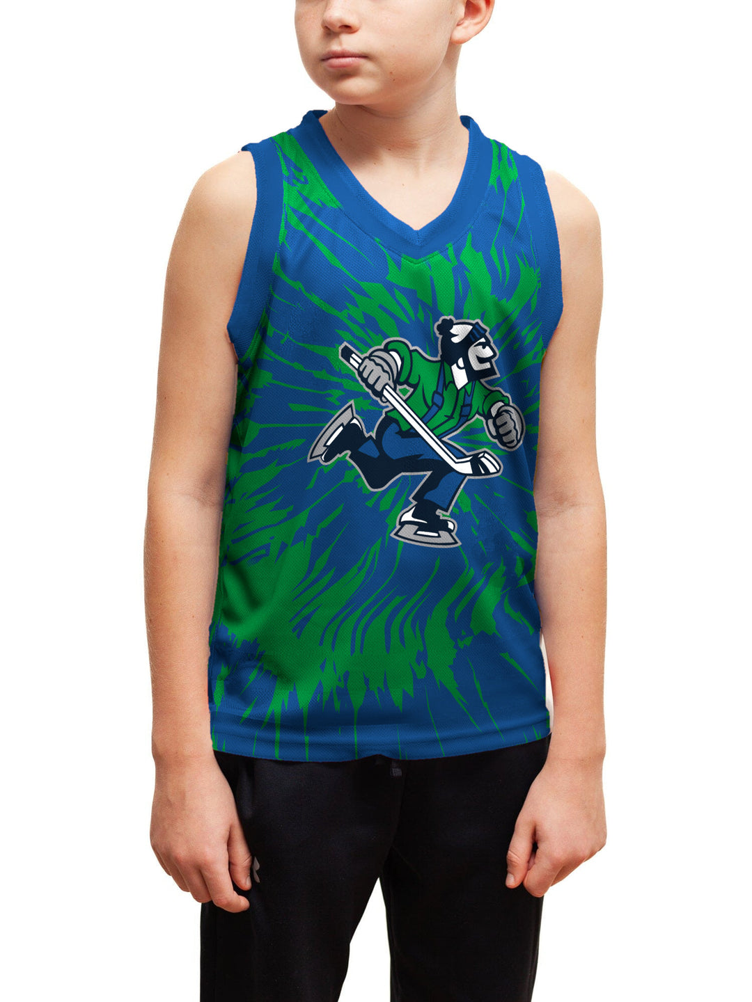 Youth model wearing the Bench Clearers Abbotsford Canucks Tie-Dye Youth Hockey Tank - front view