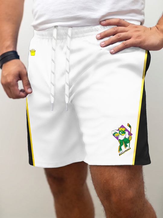 Model wearing the Bench Clearers Anaheim Bullfrogs Away Hockey Shorts - front view