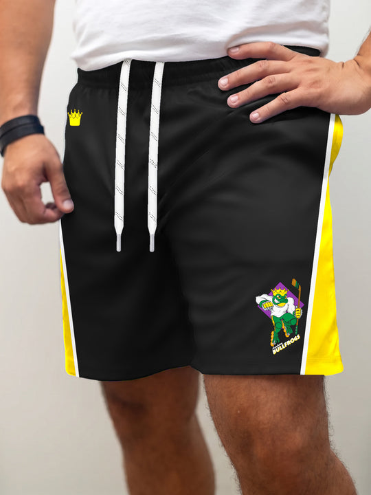 Model wearing the Bench Clearers Anaheim Bullfrogs Hockey Shorts - front view