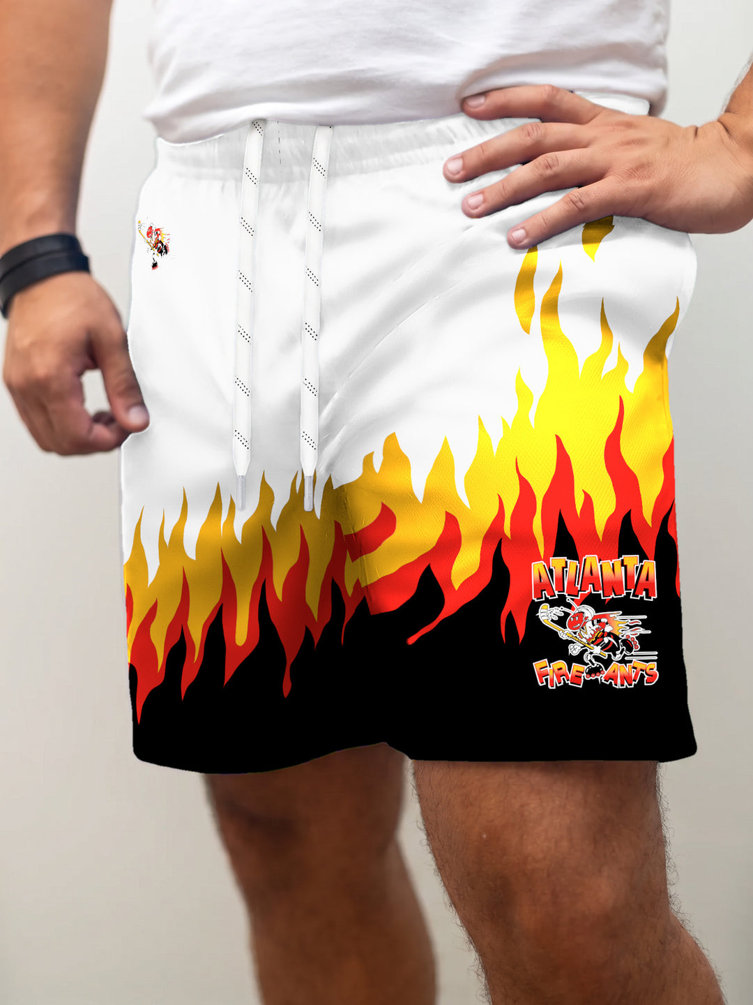 Model wearing the Bench Clearers Atlanta Fireants Away Hockey Shorts - front view