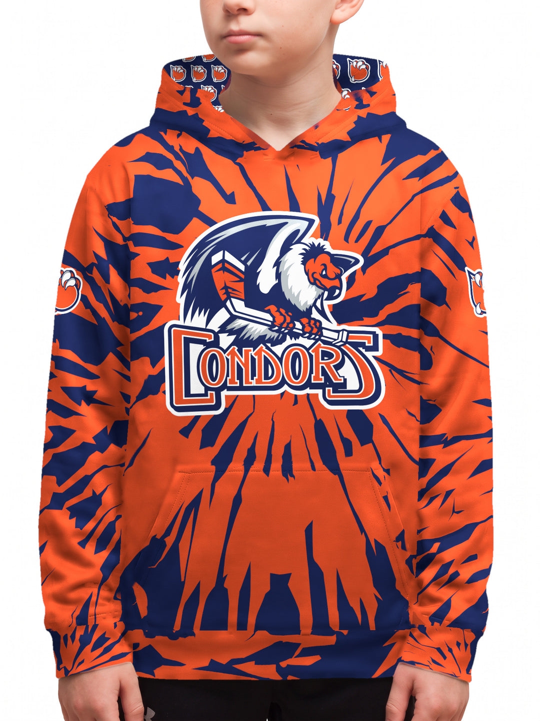 Youth model wearing the Bench Clearers Bakersfield Condors Tie-Dye Youth Hockey Hoodie - front view
