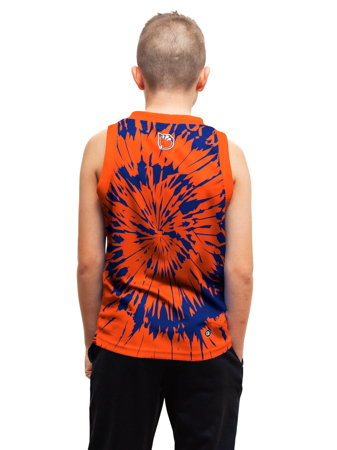Youth model wearing the Bench Clearers Bakersfield Condors Tie-Dye Youth Hockey Tank - back view