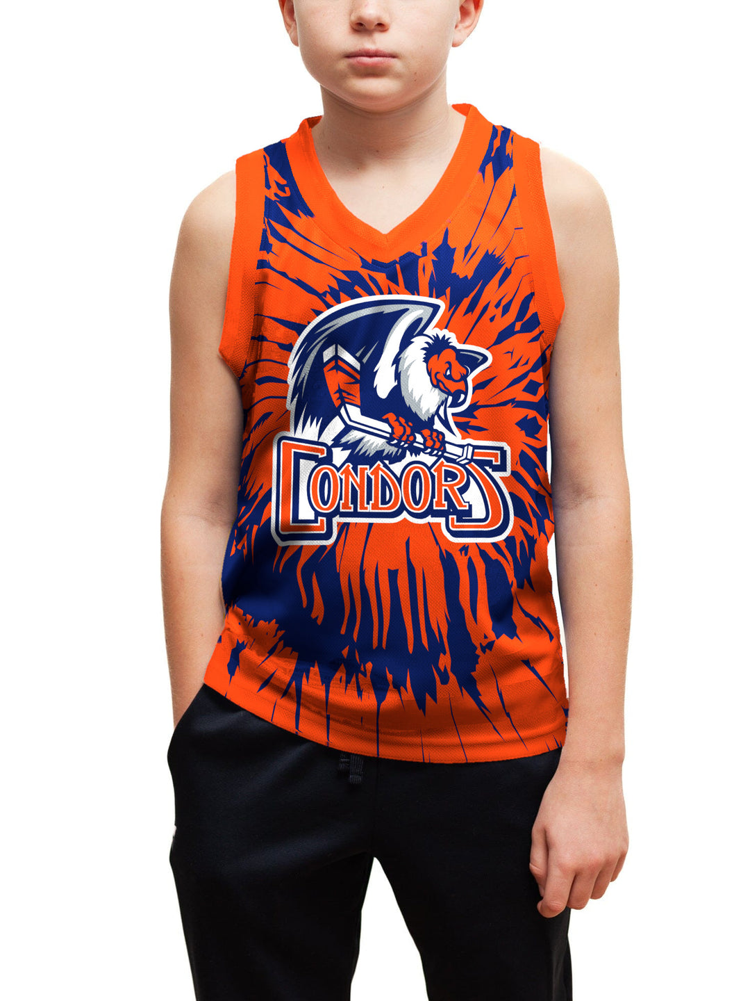 Youth model wearing the Bench Clearers Bakersfield Condors Tie-Dye Youth Hockey Tank - front view, hand in pocket
