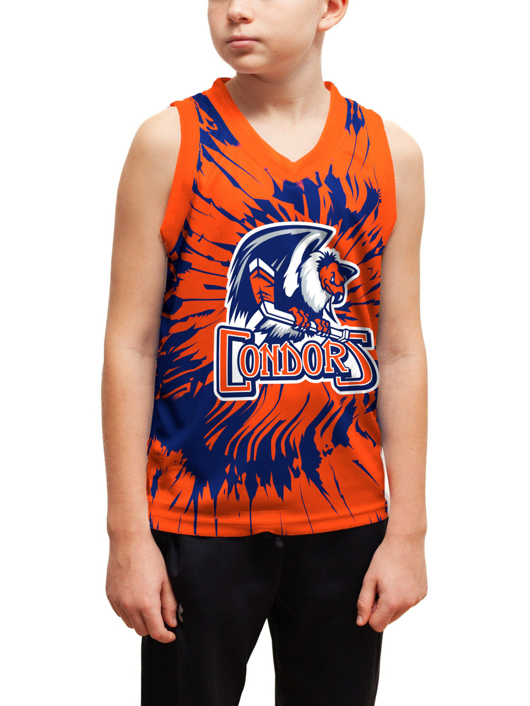 Youth model wearing the Bench Clearers Bakersfield Condors Tie-Dye Youth Hockey Tank - front view