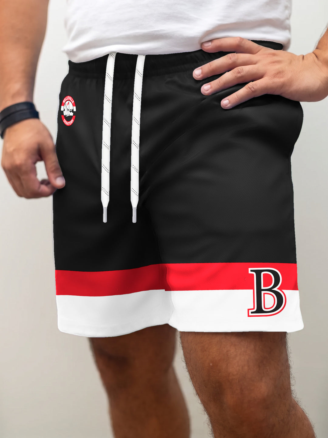 Model wearing the Bench Clearers Belleville Senators Hockey Shorts - front view